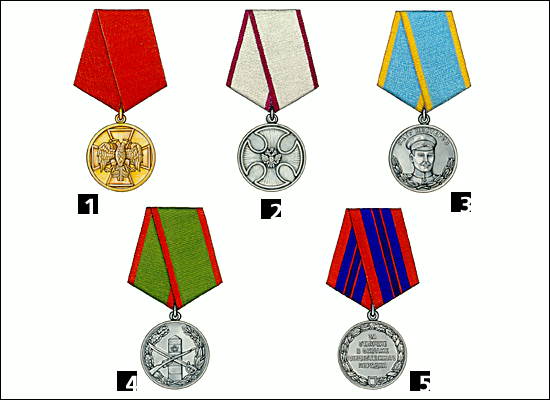 Медали (Российская Федерация, 1995): 1 - медаль ордена За заслуги перед Отечеством I степени; 2 - медаль За спасение погибавших; 3 - медаль Нестерова; 4 - медаль За отличие в охране государственной границы; 5 - медаль За отличие в охране общественного по